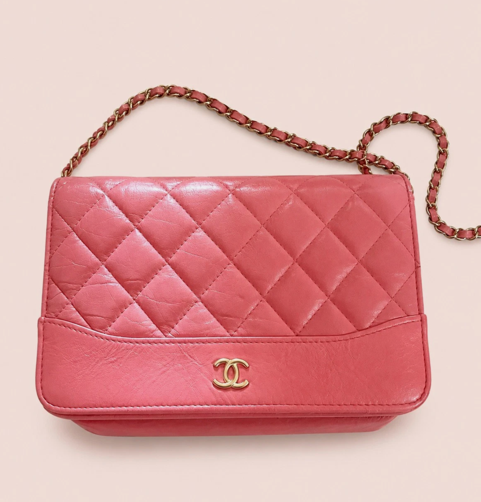 CHANEL Gabrielle Pink Quilted Calfskin Wallet on Chain, Silver Chain Pink Leather