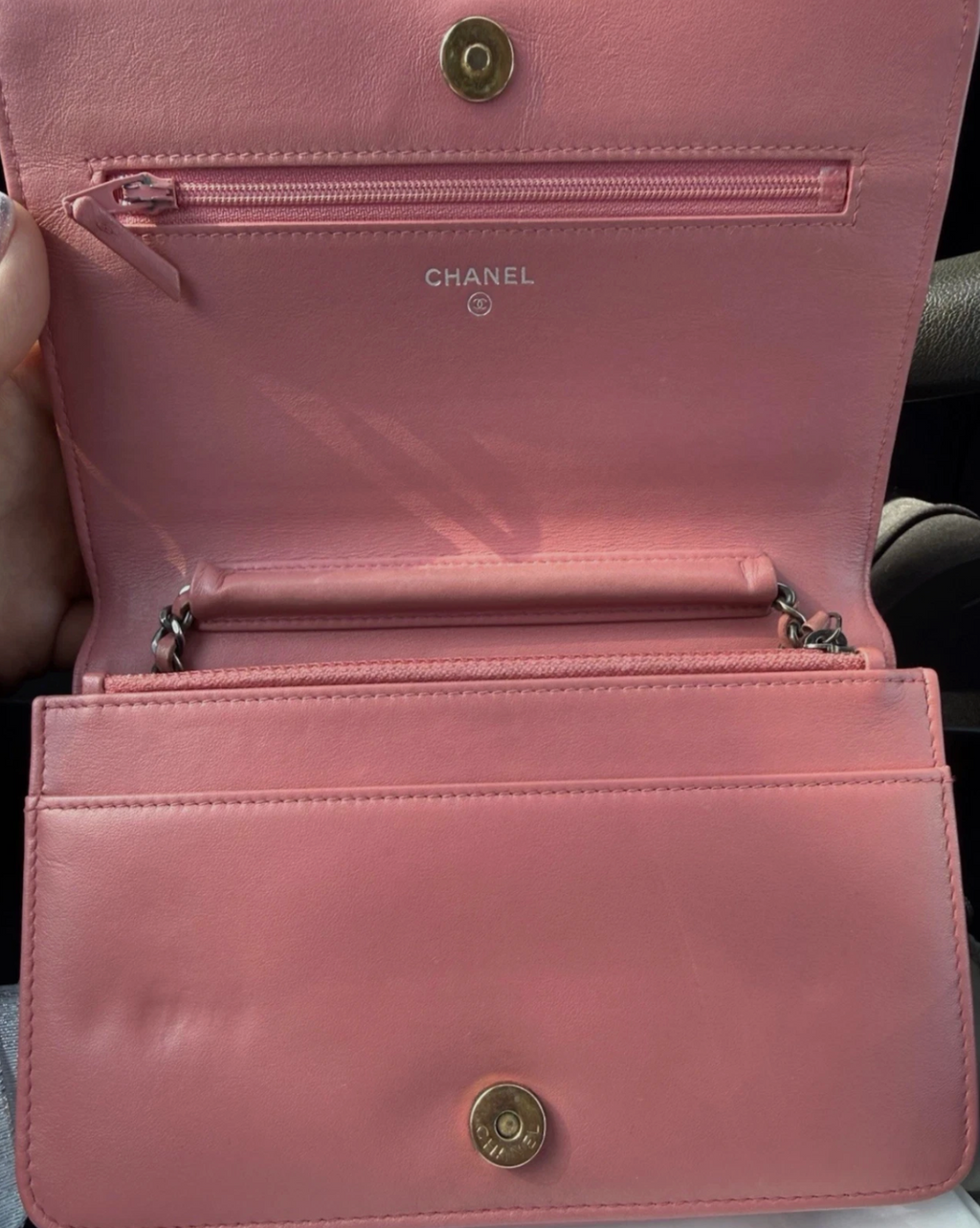 CHANEL Gabrielle Pink Quilted Calfskin Wallet on Chain, Silver Chain Pink Leather