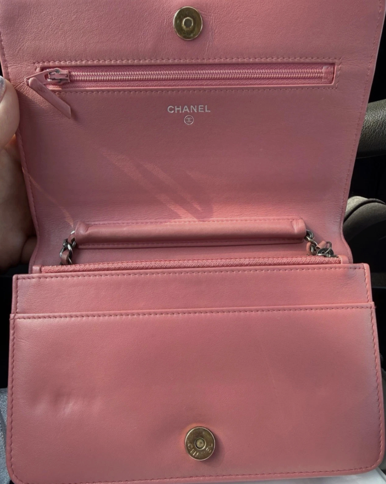 CHANEL Gabrielle Pink Quilted Calfskin Wallet on Chain, Silver Chain Pink Leather